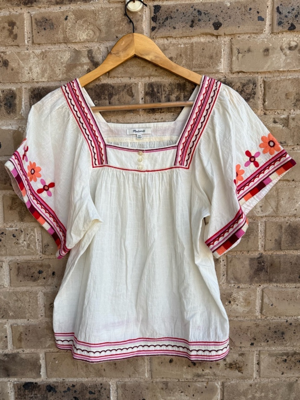 Madewell Sandblossom Cream Peasant Top with Pink and Orange Embroidery Size XXS